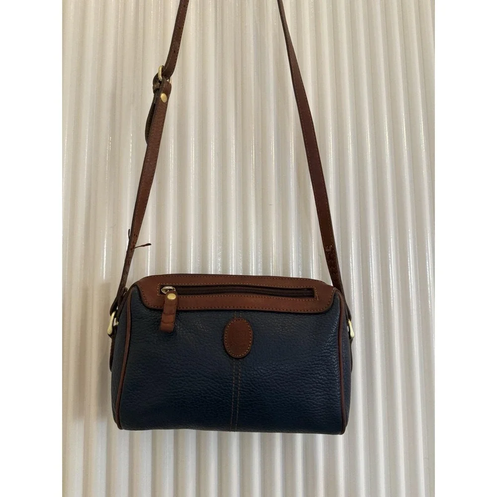 Vintage Liz Claiborne Bag Navy Pebbled Leather Handbag Brown Trim 80's 90's